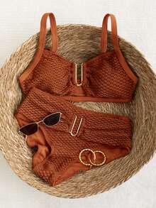 Swim Chiccia 2026春夏橙色粗肩带可调节金色U型装饰高腰亮片设计女士优雅比基尼泳衣两件套 - 橘色 - 查看 7