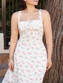 Lupita Cardoza 方领蕾丝前片后褶碎花连衣裙，派对连衣裙，早午餐连衣裙，度假连衣裙，宴会连衣裙，情人节连衣裙，新年连衣裙，海滩度假装 - 紅白色 - 查看 6