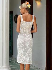MainGRL White Floral Summer Boho Beach Holiday Knitted Jacquard Midi Dress For Women,Youthful Resort Look Island Getaway Outfit,Everyday Wear - White - View 2