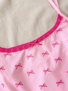 Teen Girls Spring & Summer Valentine's Day, Home, Clean Girl/American BM Style, Lace Ruffle Bow Pink Bow Camisole And Shorts Button Set - Pink - View 3