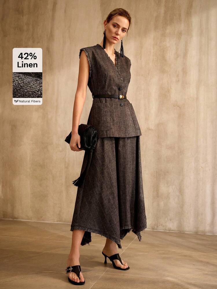 STRIPED LINEN A-LINE SKIRT WITH HEMLINE, VINTAGE STYLE, SPRING/SUMMER