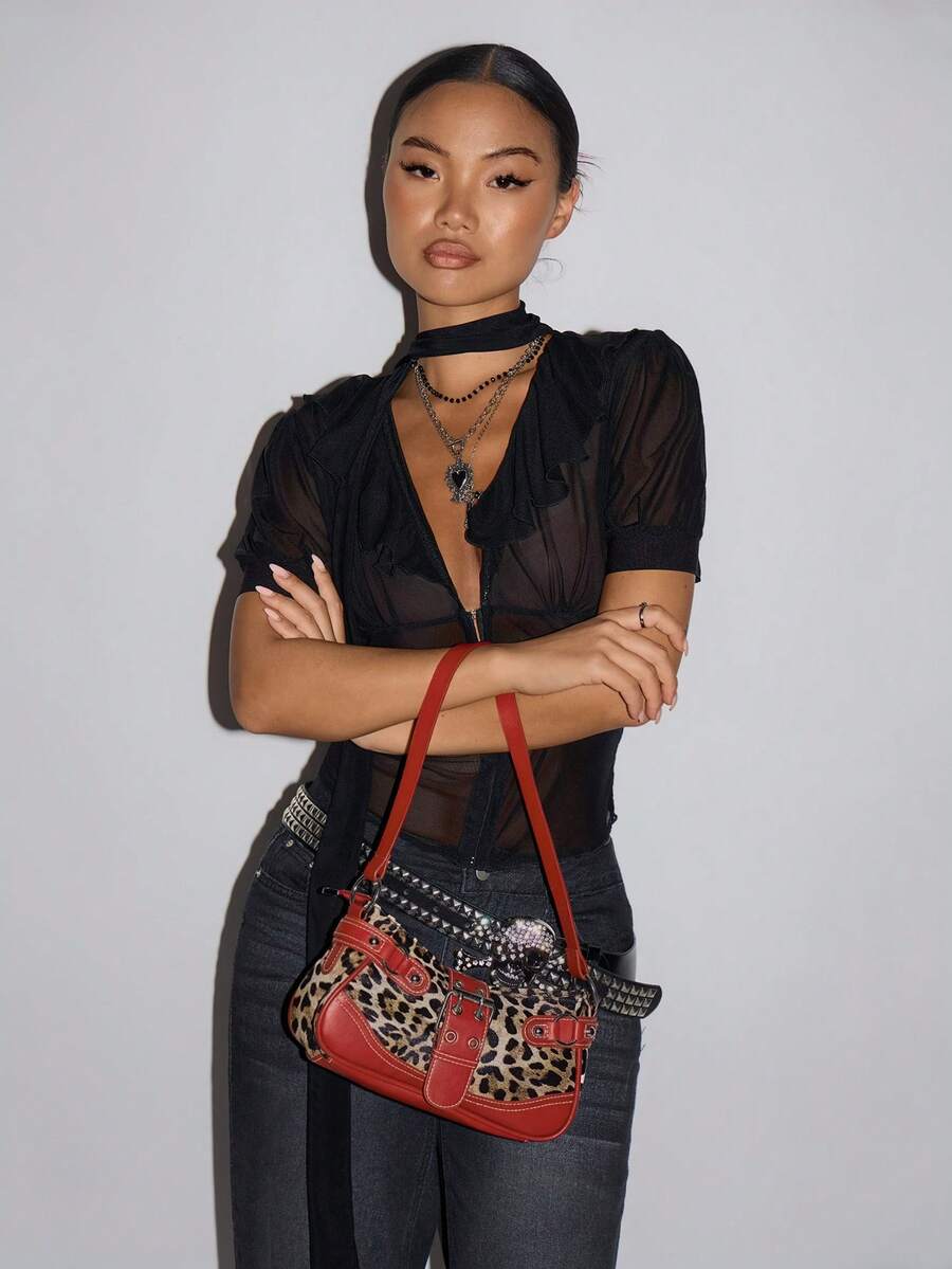 SHEIN ICON 女士深V领网纱透视性感上衣，适合约会和外出穿着 - 黑色 - 查看 1