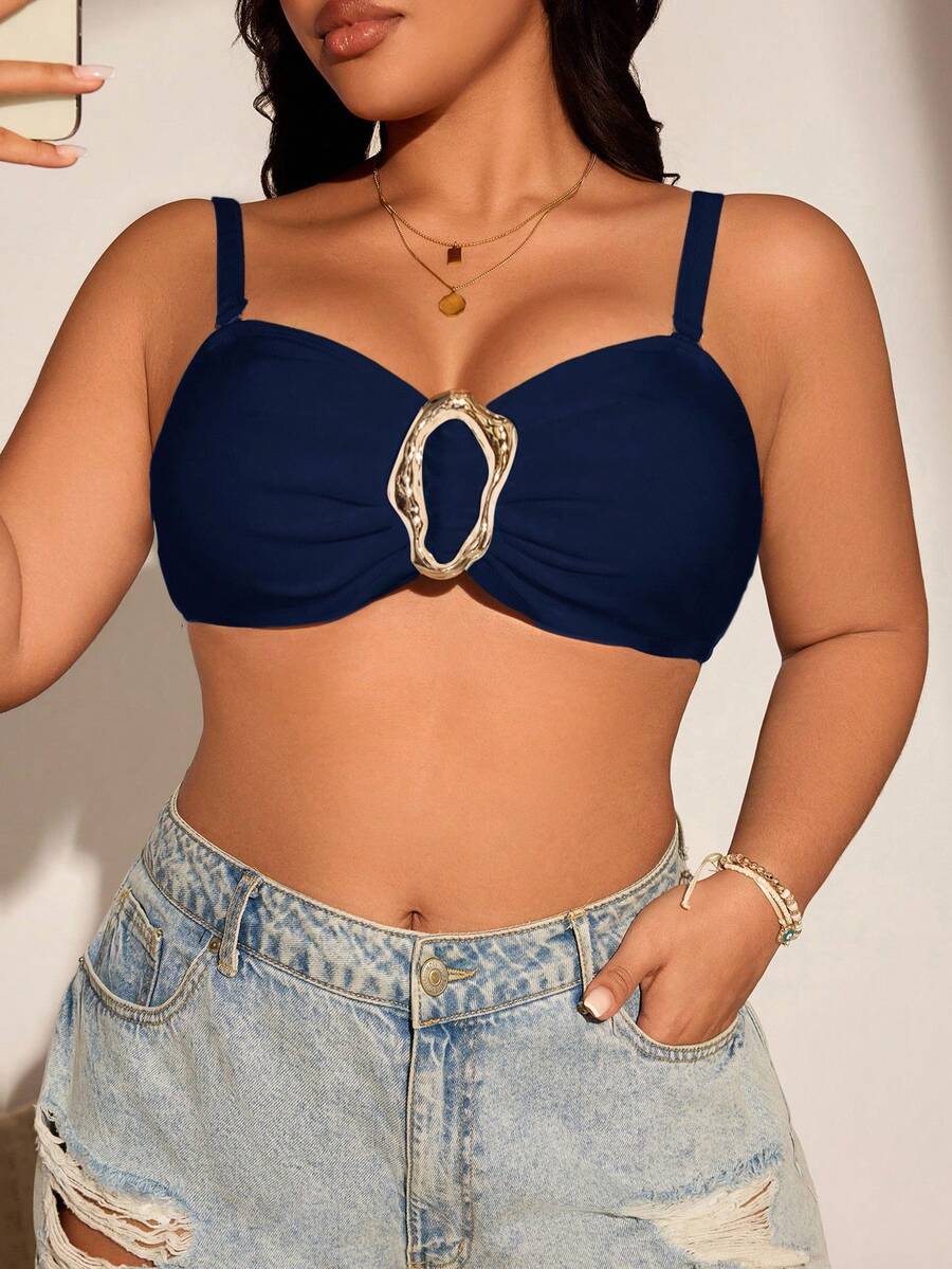 Swim Chiccia Top de bikini dintr-o singură piesă, sexy, cu decor metalic, de culoare solidă, cu umăr gol, potrivit pentru primăvară, mărime mare - Albastru marin - Vizualizare 1