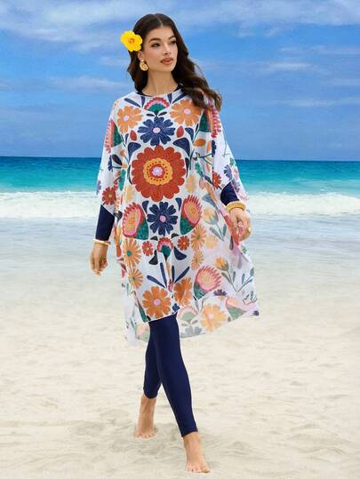 Swim Shayni 1pc Women's Fashion Beach Long Sleeve Long Leg Zipper Floral Print Outerwear Jumpsuit Swimsuit