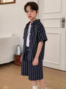 DAZY Tween Boys' Summer Casual Striped Shirt And Shorts Set - Navy Blue - View 3