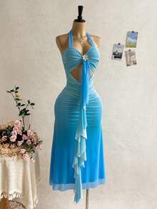 Soleia Blue Girly Summer Dresses For Women Holiday Vacation Holiday,Halter Backless Bow Tie Metal Decor Ruffle Tropical Boho Beach Wedding Guest Outfits - Multicolor - View 5