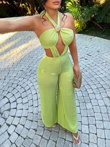 SHEIN SXY Women's Vacation Casual Backless Halter Jumpsuit - Black - View 1