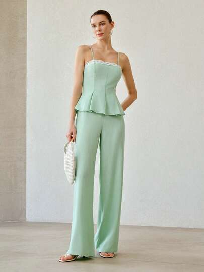 MOTF PREMIUM Conjunto de 2 piezas de top de tirantes con adorno floral verde fresco y pantalones de ajuste ceñido, ideal para el verano