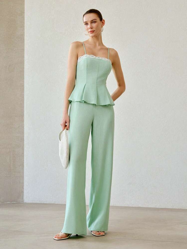 FRESH GREEN FLORAL TRIM CAMISOLE TOP & SLIM FIT PANTS 2 PIECES SET, COOLING SUMMER