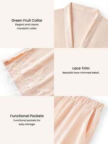 LUVLETTE 四季皆宜的香槟色缎面睡衣套装 - 长袖上衣和蕾丝边阔腿裤 - 杏色 - 查看 4