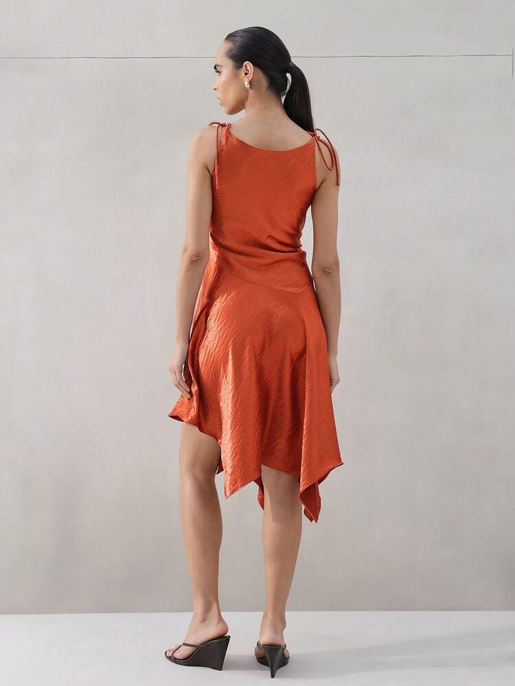 KSTM Women's Asymmetric Satin Midi Dress With Tie Shoulder Straps And Handkerchief Hem For Evening Party Occasions