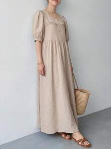 EMERY ROSE 女士休闲纯色泡泡袖连衣裙，适合度假 - 杏色 - 查看 4