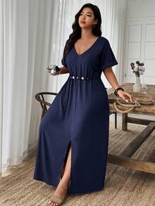 Weeklong Plus Size Women's Beaded Decor A-Line V-Neck Casual Dress, Spring/Summer - Navy Blue - View 6