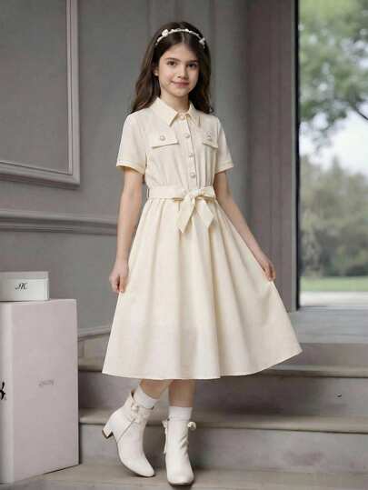 SHEIN 少女纯色翻领纽扣短袖优雅衬衫裙，适合春夏穿着