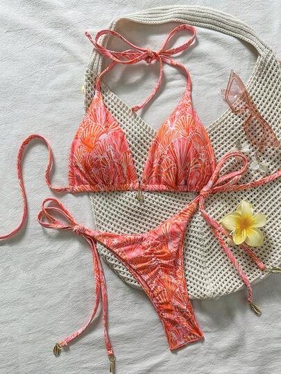 Swim Vcay Springbreak Women's Summer Beach Shell Print Halter Tie Sexy Bikini Swimsuit Set
