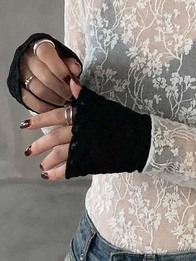 FRIFUL Women's Contrast Color Round Neck Long Sleeve Sheer Lace Overlay Casual Versatile Top, Autumn/Winter