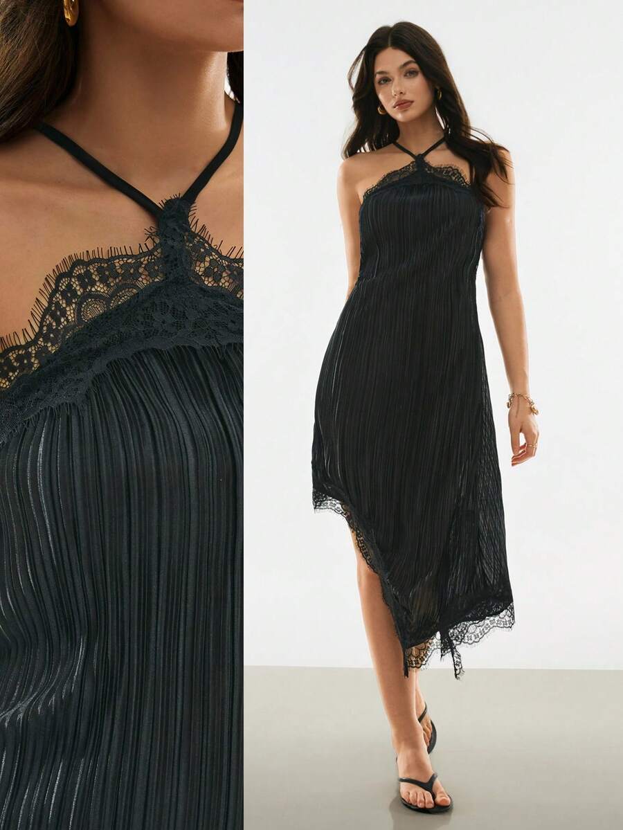 Poéselle Rochie elegantă plisată cu dantelă și decolteu halter pentru femei - Negru - Vizualizare 1