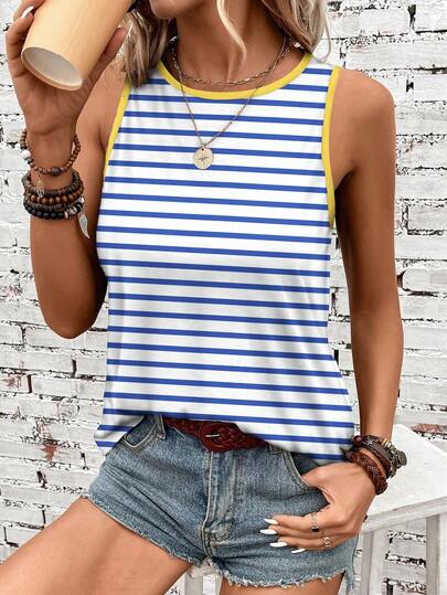 SHEIN LUNE Top de tirantes de estilo minimalista casual con rayas de contraste en azul y amarillo mediterráneo, adecuado para vacaciones de primavera/verano