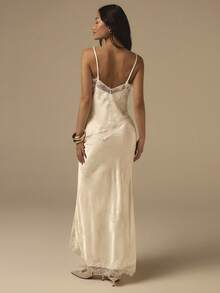 COSMINA Lace Patchwork Satin Camisole Top And Fish Tail Skirt 2 Piece Set, Satin Lace Camisole And Lace Skirt 2 Piece Set, Lace Camisole Lace Skirt Set, Lace Sleeveless Top And Skirt 2 Piece Suit, Satin 2 Piece Set, Elegant Casual Office Holiday Y2K Lace Camisole 2 Piece Set - Light Yellow - View 2