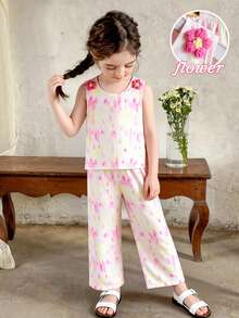 SHEIN Girls Pink Tie-Dye Sleeveless Shirt & Wide-Leg Pants Set,Cute Summer Matching Outfits For Kids,Family Vacation Stylish 2 Pcs Floral Co-Ords,Polyester - Pink - View 4