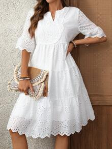 EMERY ROSE 女士度假休闲纯色镂空刺绣迷你连衣裙 - 白色 - 查看 8