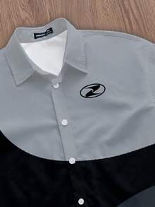 Manfinity ZONE917 Box-Cut Cropped Faux Patchwork Black & Gray Contrast Icon Print Shorts Set, Loose Fit Sweatshirt, Gift For Friends - Multicolor - View 2