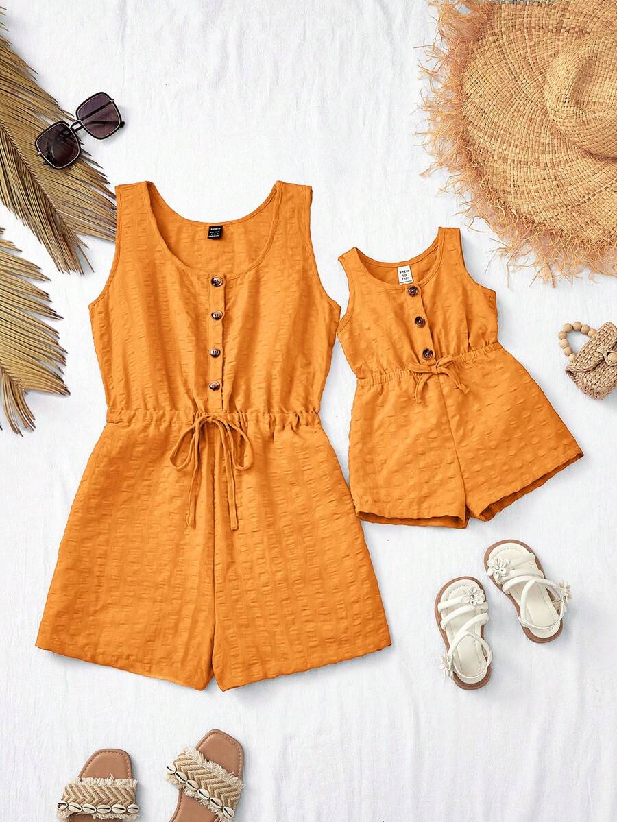 SHEIN 2pcs Baby Girl Cute Red Camisole Romper, Mommy And Me Matching Outfits (Sold Separately), Summer Mommy And Me Vacation Outfits Mama And Me Outfits Mommy And Me Clothes Set Mommy And Me Matching Summer Outfits Mommy And Me Romper - Yellow - View 1
