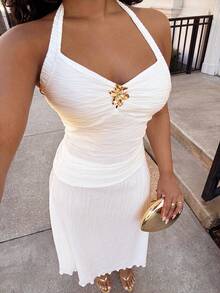 Alexandranx 女士提花吊带上衣和迷你裙两件套，白色裙装，秋季女装，派对、婚礼、外出装扮，优雅女士套装，时尚女士套装，乡村风格女装 - 杏色 - 查看 3