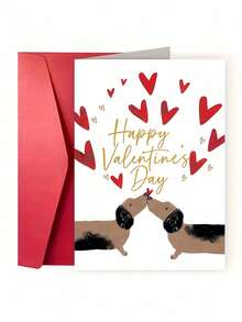 1张可爱腊肠犬情侣情人节贺卡，甜蜜小狗亲吻爱心卡，送给情侣、爱人和爱狗人士 - 多色 - 查看 9