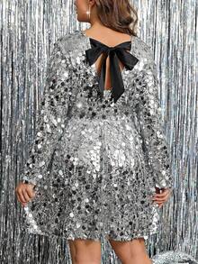 SHEIN Clasi 大码女式纯色亮片露背打结连衣裙 - 銀色 - 查看 8
