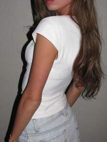 Rina Fox Áo thun cổ chữ V ôm vừa vặn màu trơn ren tương phản thời trang mùa hè cho nữ - trắng - Xem 2