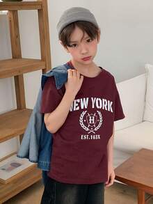 DAZY 青少年男孩字母印花仿叠层圆领长袖休闲T恤 - 酒紅色 - 查看 4