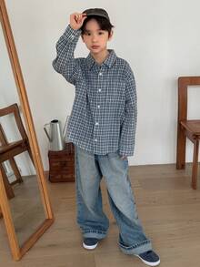 DAZY Tween Boy Casual Plaid Long Sleeve Shirt - Blue - View 6