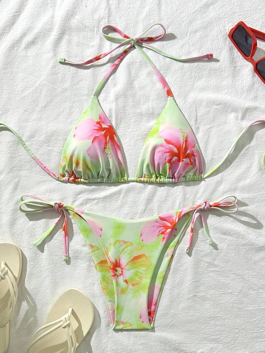 Swim Vcay Conjunto de bikini halter con estampado aleatorio sexy para mujer, verano - Multicolor - Ver 1