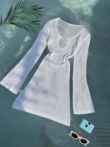 Nevyona 女士镂空针织连衣裙，休闲海滩度假装 - 白色 - 查看 2