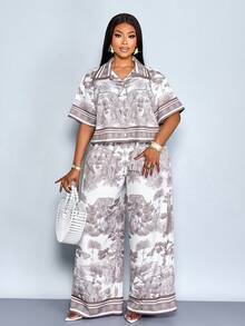 SOLERSUN Ropa de mujer talla grande para primavera/verano: elegante y con estilo, perfecta para vacaciones casuales. Este conjunto incluye una camisa de manga corta con estampado animal gris-marrón en tela tejida sin estiramiento con detalles de botones en el cuello y cintura elástica, combinada con pantalones rectos. También hay disponible un conjunto de dos piezas, atuendos de vacaciones para mujeres, conjuntos casuales para mujeres - Café integral - Ver 4