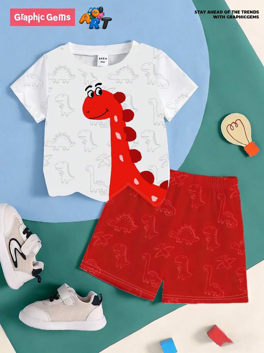 GraphicGems Set de 2 piezas de camiseta con estampado de dinosaurio de dibujos animados y pantalones cortos a juego para bebés niños, diseño de dinosaurio lindo, cómodo para uso casual, adecuado para primavera/verano - Multicolor - Ver 1