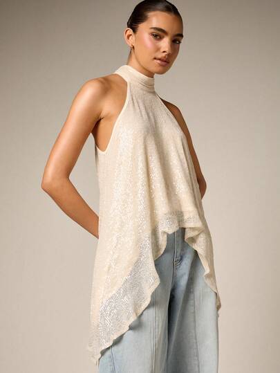 AiiRZ Blusa sin mangas con cuello halter y cuello alto simulado, con dobladillo asimétrico, con lentejuelas, para eventos de fiesta de noche
