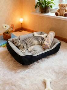 Soft & Comfortable Dog Bed Mat, With Random Chew Rope, Non-Slip Bottom, Multiple Sizes Available - Polyester Filled, Bone Pattern Design, Dog Bed With Side Walls, Suitable For Medium Dogs, Cats And Small Dogs - Multicolor - View 4