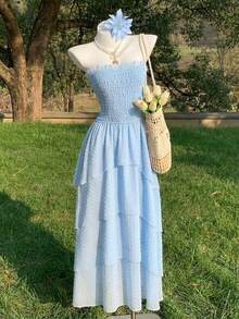 Comfortcana 女士夏季沙滩度假纯色褶皱上身多层下摆抹胸长裙 - 藍色 - 查看 1