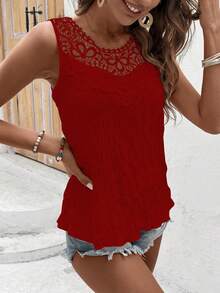 Breezaya 度假休闲纯色蕾丝拼接无袖衬衫 - 紅色 - 查看 6