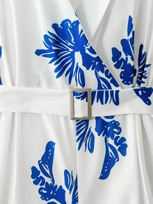 少女优雅印花V领无袖连体裤，夏季 - 藍白色 - 查看 4