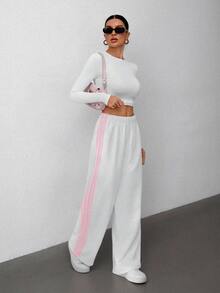 SHEIN Tall White Knit Side Contrast Pink Ribbon Loose Casual Women Sweatpants, Suitable For Spring/Summer - White - View 3