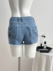 Elamini Women's Summer Casual Denim Shorts With Bow Decor - Light Wash - View 6