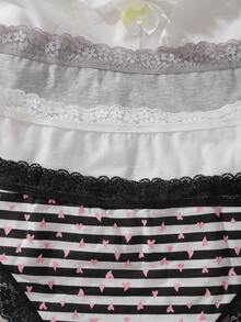 Teen Girl 3pcs Striped & Heart Print Lace Trim Brief - Multicolor - View 5