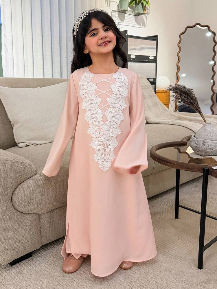 Young Girl Floral Print Loose Fit Round Neck Long Sleeve Dress