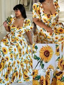 Lyrianda Modest Plus Size Sunflower Print Dress, Suitable For Spring/Summer Vacation - Multicolor - View 1