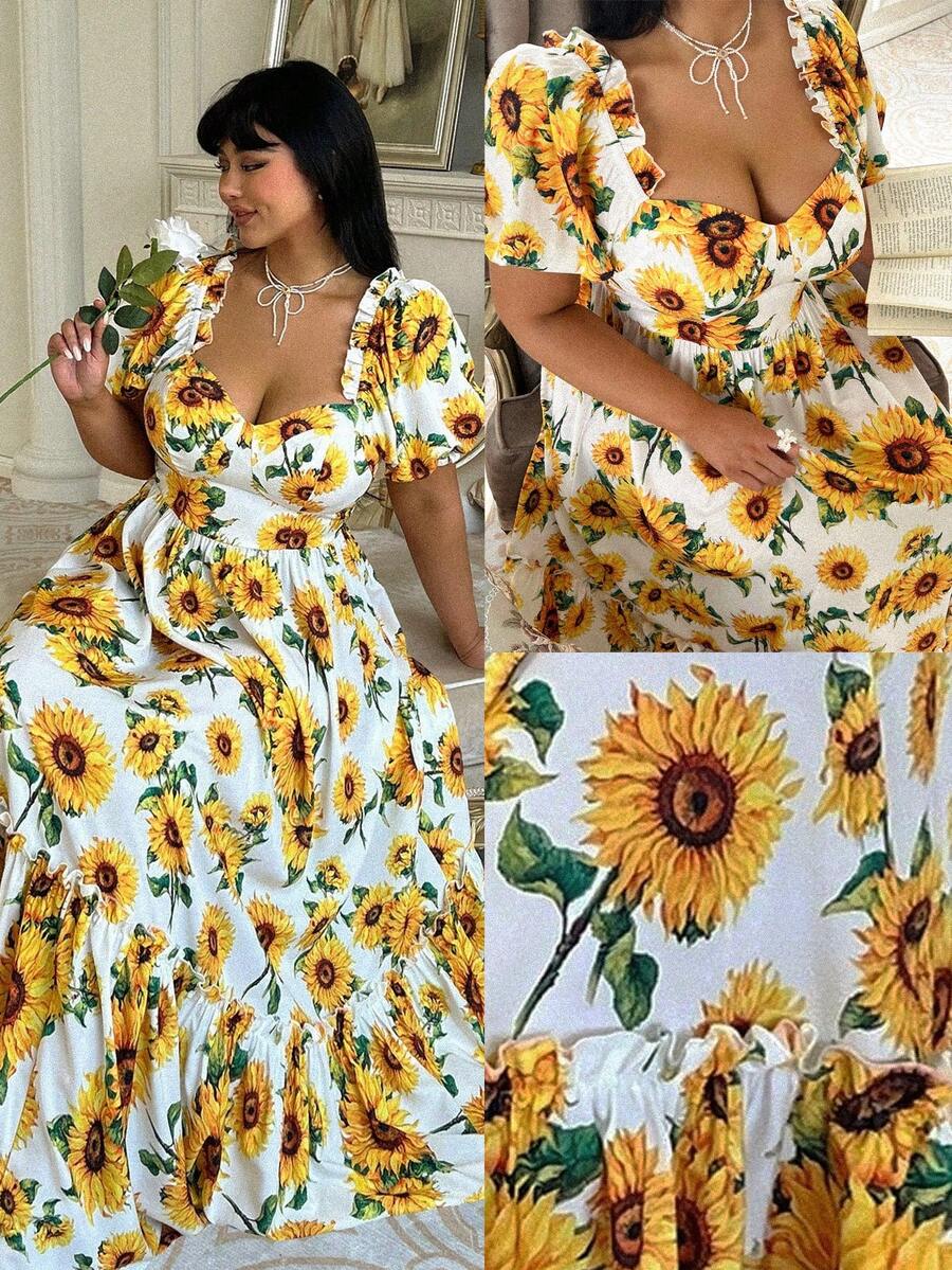 Lyrianda Modest Plus Size Sunflower Print Dress, Suitable For Spring/Summer Vacation - Multicolor - View 1