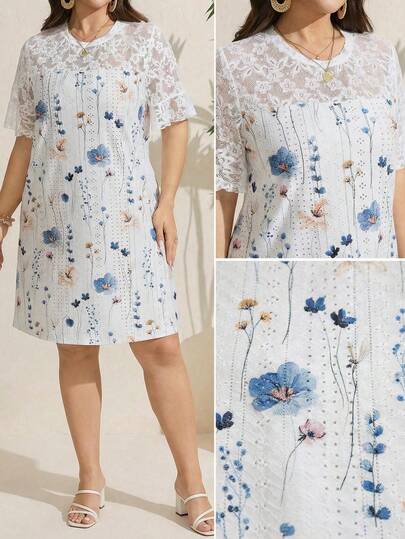 Comfylo Plus Size Vacation Casual Lace Patchwork Floral Print Dress Casual Floral Print Elegant Short Sleeve Maxi Dress Plus Size Women Summer Beach Vacation Loose Fit Sundress Summer Dresses For Women Suitable For Going Out Chic Dress Flower/Spring Plus Size Dress Country Concert Outfit Graduation Outfit Summer Outfits For Women Brunch Outfits For Women Mother's Day Church Outfits Women Women's Casual Vacation Watercolor Floral Print Mini Dress Suitable For Summer Suitable For Going Out Chic Dress Flower/Spring Women Dress Casual Holiday Floral Print Cutout Neck Dress Wedding Day Dress