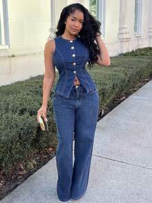 Alexandranx 女士圆领单排扣休闲无袖牛仔上衣 - 深色水洗藍 - 查看 4